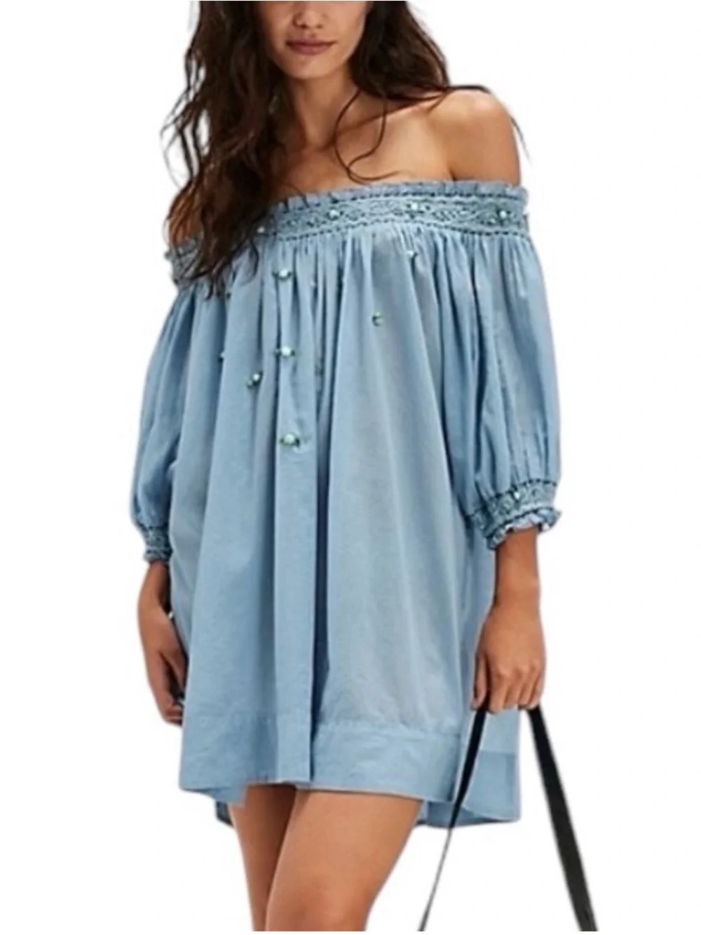K155 Free People Women’s XS Light Blue Off-Shoulder Peasant Top Tunic Dress NEW!